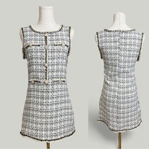 Woven Dress Women Size Small Black Cream Tweed Sheath Sleeveless Mini Short